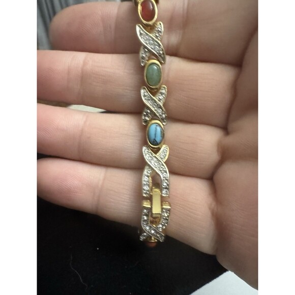 Vintage Goldtone Multi-Stone Link Bracelet – Fold Over Clasp - Picture 3 of 13